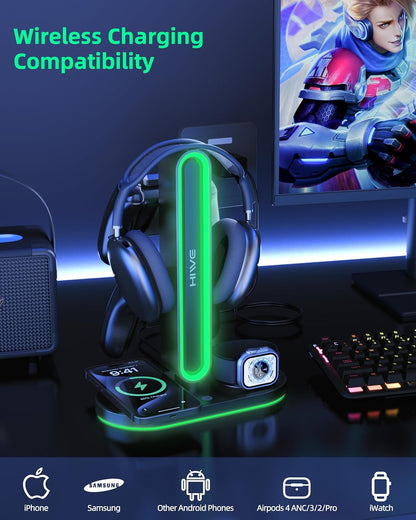 HiWe 4-in-1 RGB Gaming Headphone Stand with Dual Controller Holder, Wireless Charger for iPhone/Apple Watch, USB-A & USB-C Outputs, Adapter Included, Black