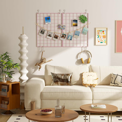 C&AHOME Photo Wall Display Set of 2, Grid Panel with Hooks, Clips, Hemp Cord, Hammer - 15.7" x 11.8", White UWWGM3402W