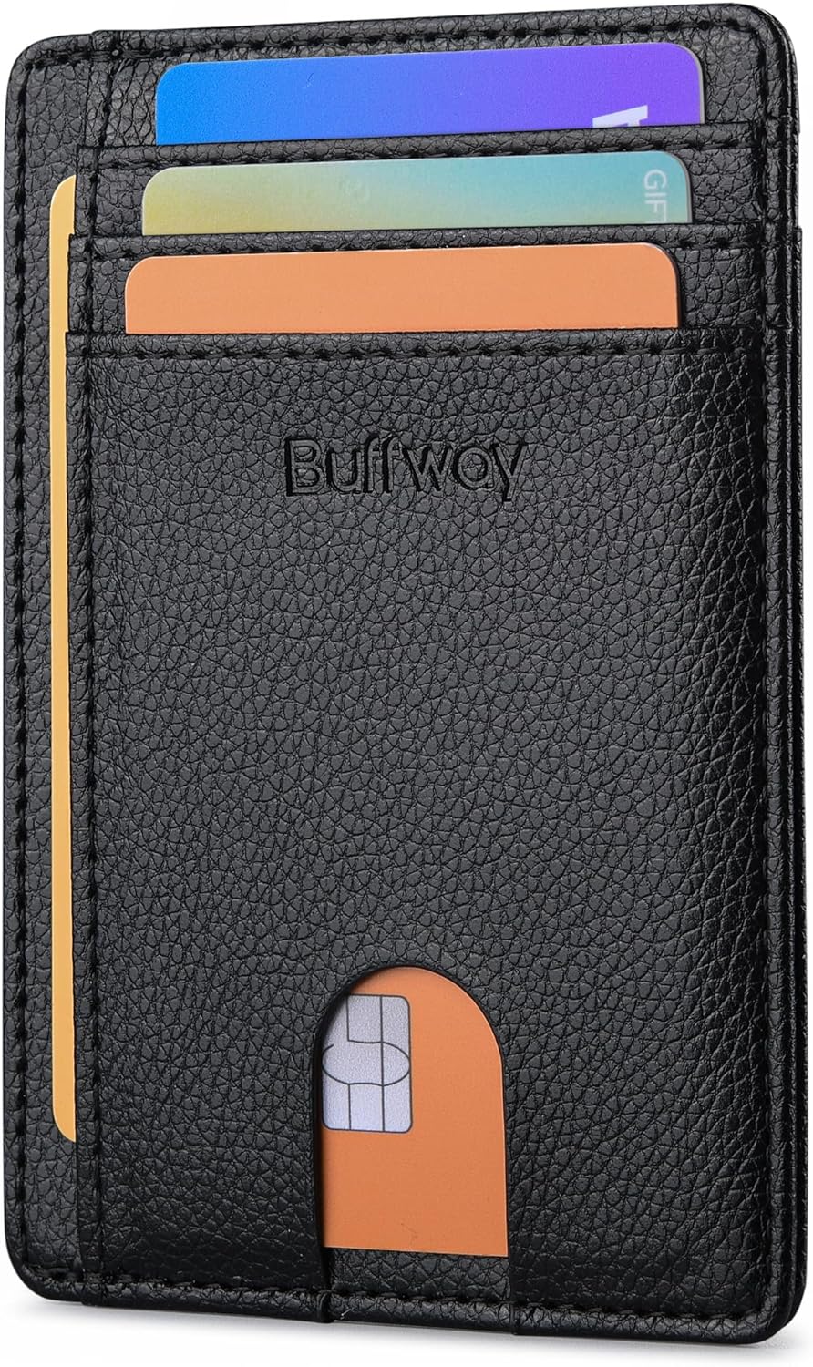 Buffway Slim Minimalist Front Pocket RFID Blocking Leather Wallets for Men and Women - Carbon Fiber Black - Colors B