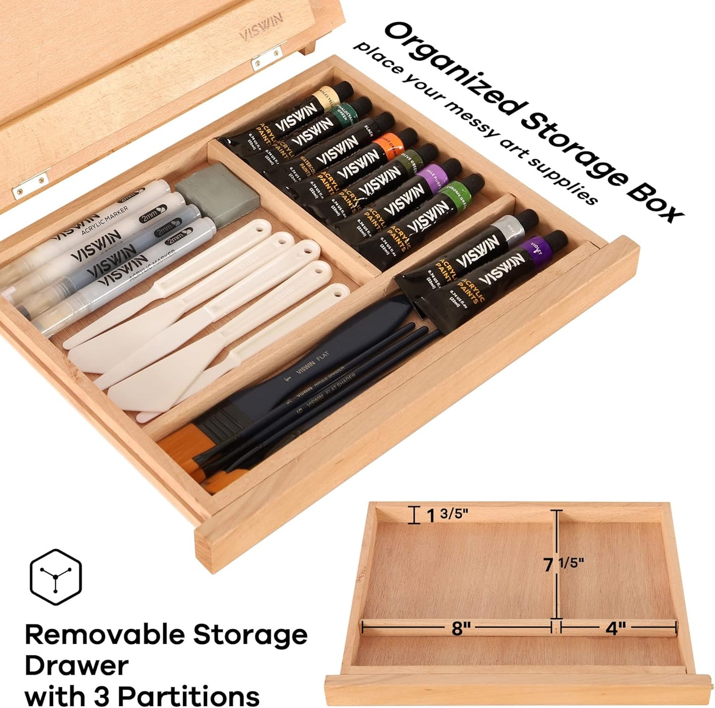 VISWIN Tabletop Easel with Storage Drawer & Palette, Adjustable Portable Beech Wood Sketch Box Table Top Easel for Painting, Desktop Travel Art Easel for Adults, Artists, Students