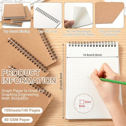 Engrowtic 6 Pack Graph Paper Spiral Notepad A5 Top Wirebound Notepad Grid Notebook Steno Pad Memo Notebook Grid Paper 140 Pages for Writing Sketching Drawing Office Supply (Black)