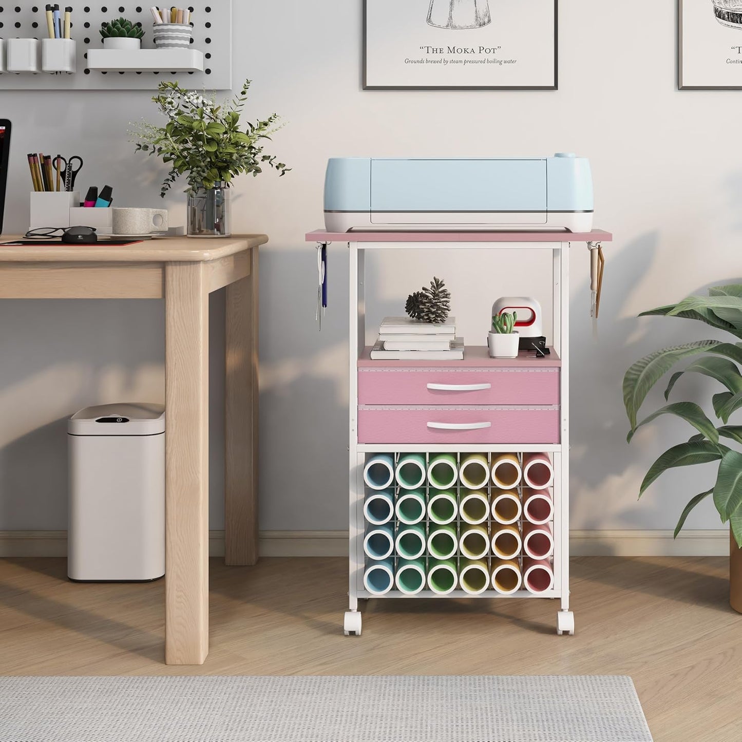 VENNQD Organizer and Storage Stand Compatible with Cricut Machines,Rolling Storage Cart/Shelf with 24 Vinyl Roll Holders，2 Fabric Drawer,Accessories Holder,Tool Hook for Craft Room Home (white)
