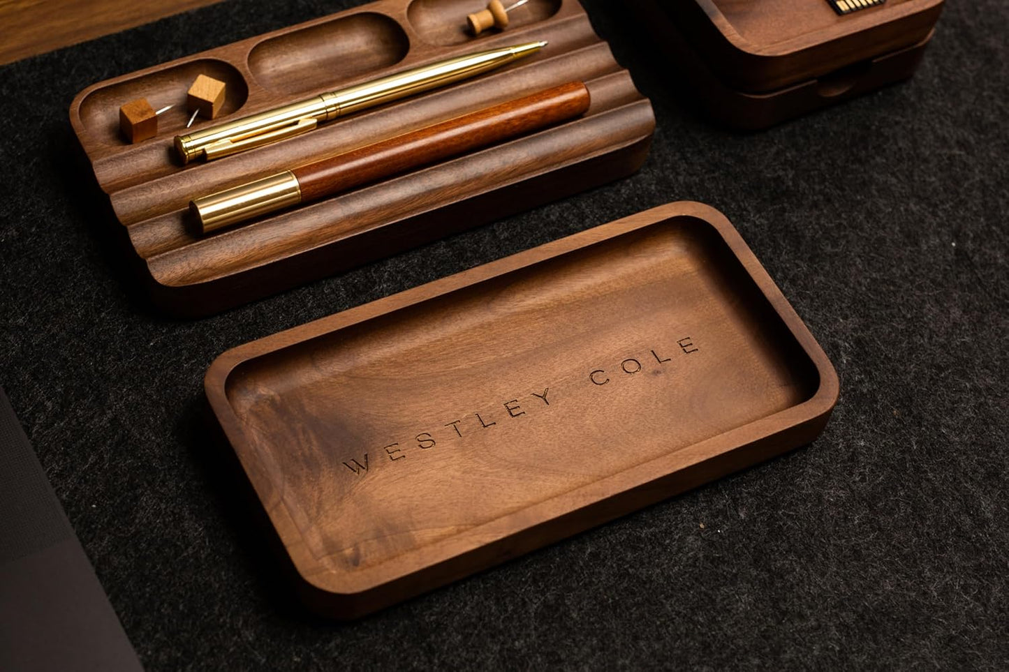 MUUJEE Wooden Desk Pen Pencil Organizer - 7.5 x 3.75 for Work Teacher Dad Wood Pencils Tray Work Minimalist Rustic, Gift for The Man who has it All