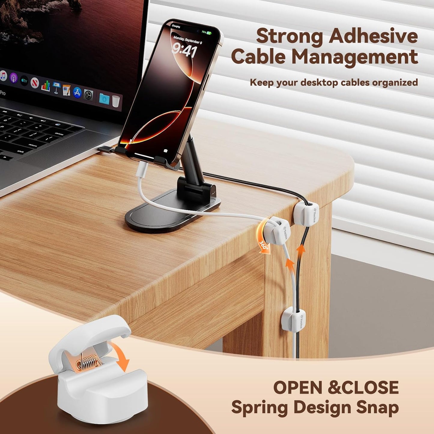 12Pack Rotatable Cord Organizer,Spring Cable Clips Desk Cable Management Cord Holder Adhesive Phone Charger Cord Clips for Home Office Car Wall Nightstand Accessories, Clear