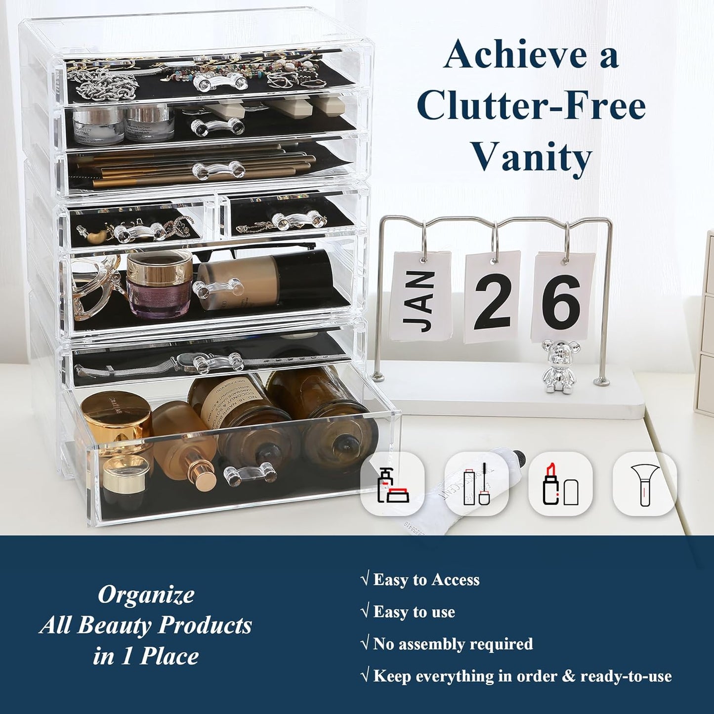 Sea Team Clear Makeup Organizer with Drawers, Acrylic Plastic Cosmetic Display Case, Jewelry Storage Box, Holder for Dresser, Bathroom, Vanity, Countertop (3 Middle Drawers)