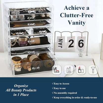 Sea Team Clear Makeup Organizer with Drawers, Acrylic Plastic Cosmetic Display Case, Jewelry Storage Box, Holder for Dresser, Bathroom, Vanity, Countertop (3 Middle Drawers)