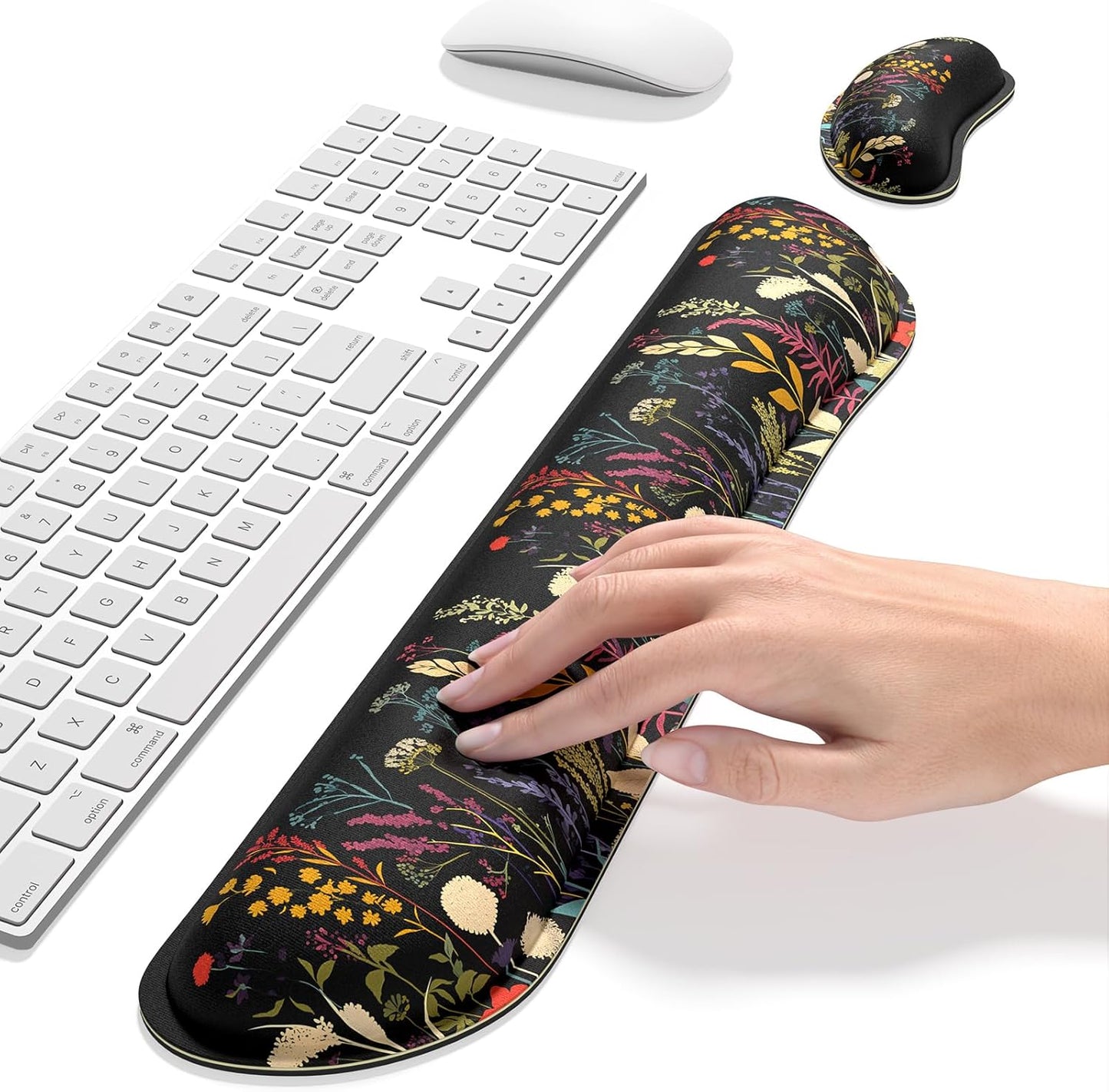 Dapesuom Enlarge Keyboard Wrist Rest, Memory Foam Wrist Cushion for Desk Mat Support, Cute Pain Relief Keyboard Mouse Pad Rests Set with Non-Slip Base for Gaming Laptop Office Computer, Elegant Flower