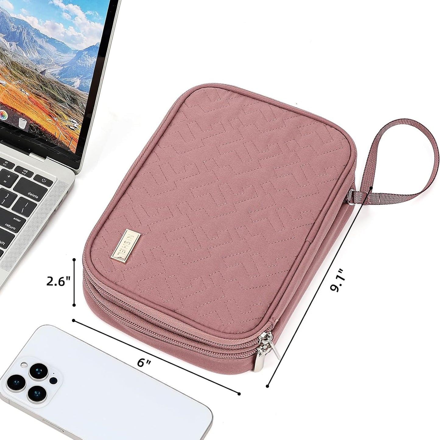 NISHEL Travel Cord Organizer Case, Double Layers Tech Electronic Bag, Essentials for Charger, Cable, Phone, Flash drive, Medium, Pink