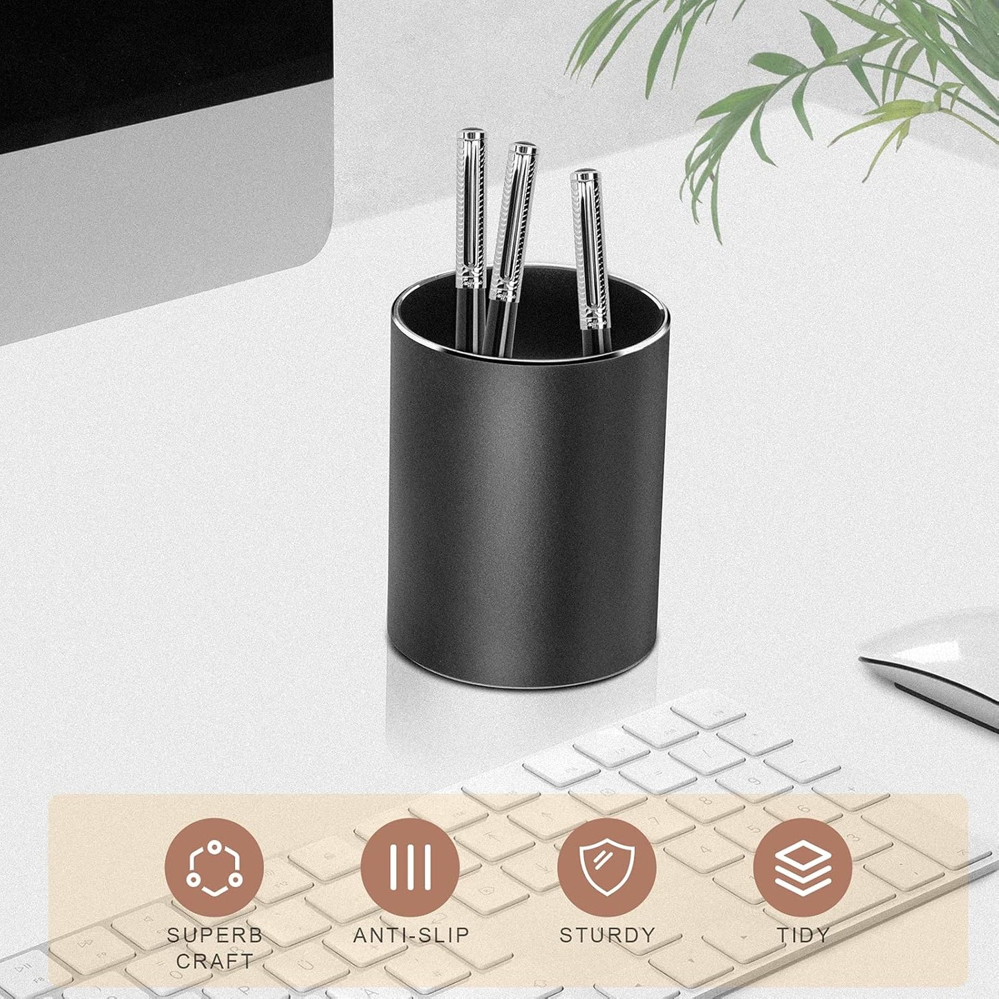 Vaydeer Metal Pen Holder Aluminum Pencil Holder for desk, Round Desktop Organizer and Silver Pencil Cup for Office, School, Home and Stationary Supplies (3.15 x 3.15 x 3.94 Inches)