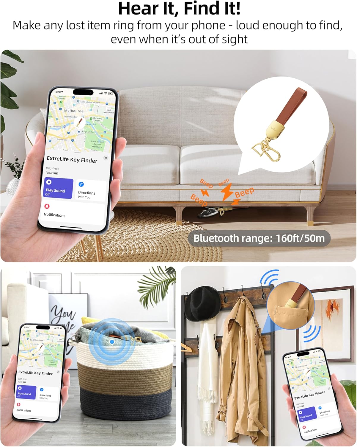 Keychain, Works with Apple Find My, Leather Car Keychain for Women and Men, Car Key Fob Holder, Key Chain with GPS Tracker, Anti-Lost Smart Keys Finder, Rechargeable, Black