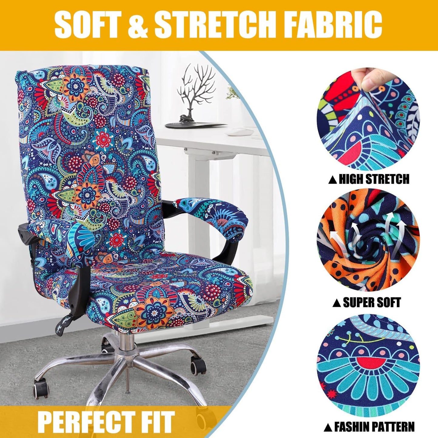 Smiry Stretch Printed Office Chair Armrest Covers, 2 Pcs Soft Fit Removable Washable Computer Desk Chair Arm Covers Protector, Black