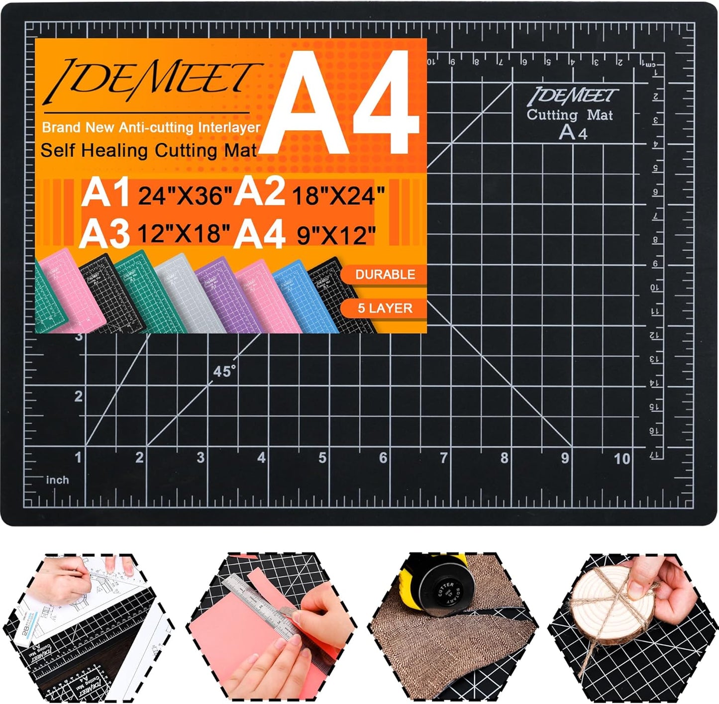 Density-upgraded 18"x12" Self Healing Cutting Mat, Idemeet Rotary Sewing Mat for Crafts, 5-Ply Blade Table Protector Cut Board for Fabric Leather Cutting Quilting Modeling Hobby Project, A3, Black