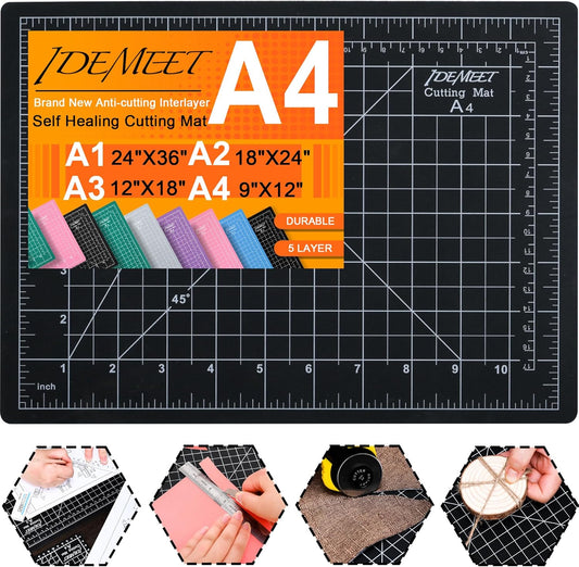 Density-upgraded 18"x12" Self Healing Cutting Mat, Idemeet Rotary Sewing Mat for Crafts, 5-Ply Blade Table Protector Cut Board for Fabric Leather Cutting Quilting Modeling Hobby Project, A3, Black