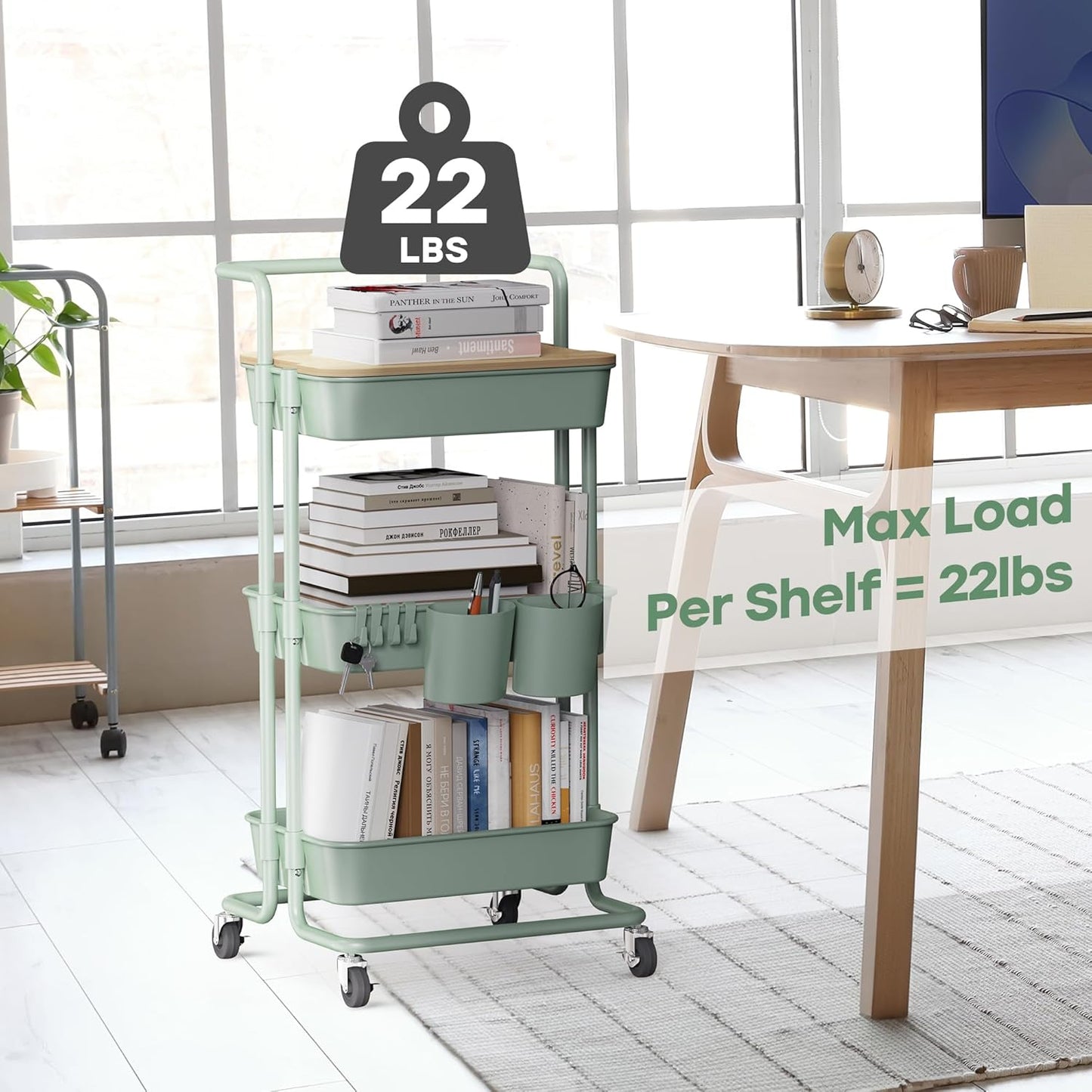 DTK 3 Tier Metal Utility Rolling Cart with Table Top and Side Bags, Tray Storage Organizer Wheels, Art Craft 4 Hooks for Kitchen Bathroom Office Living Room (Black)
