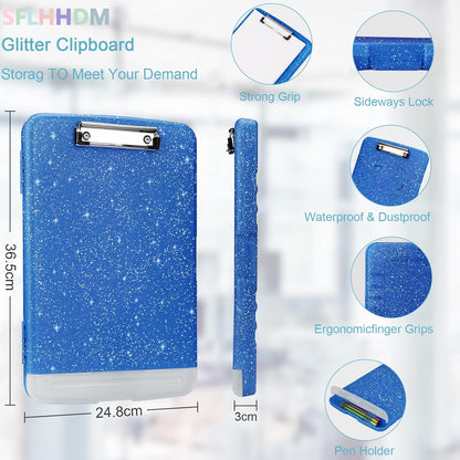 Glitter Clipboard with Storage,Storage Clipboard with Pen Holder,A4 Binder Clip Boards 8.5x11 with Low Profile Clip,Side Opening Sparkle Clipboards, Clipboards Folder for Office Supplies-Starry Black