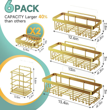 Veken Shower Caddy 6-Pack, Advanced Rustproof Design, No Drilling Adhesive Shelves, Rack with Soap Holder, Large Capacity Bathroom Organizers and Storage, Wall-Mounted Kitchen & Home Decor