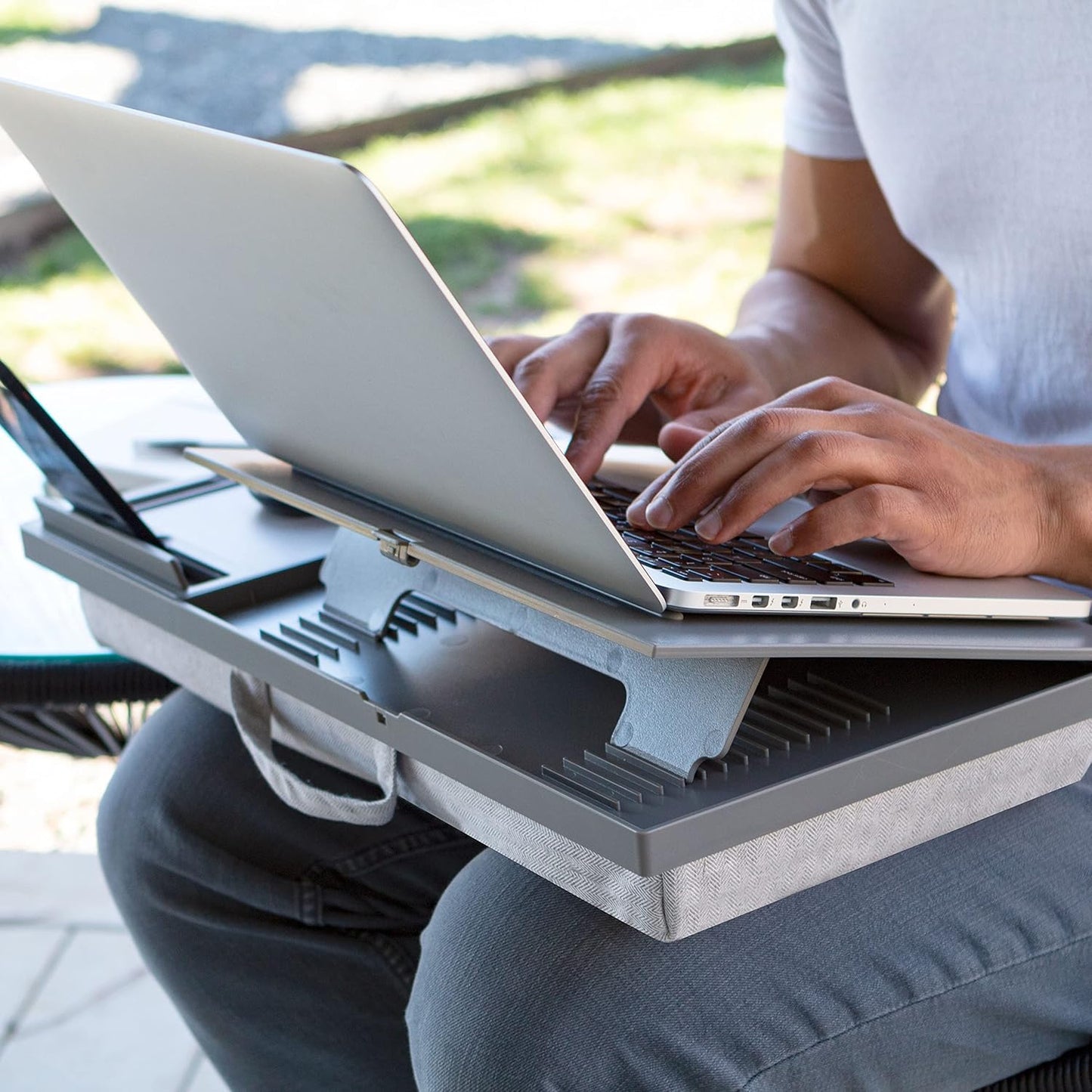 LAPGEAR Ergonomic Pro 2.0 Lap Desk with 9 Adjustable Heights, Built-in Mouse Pad & Phone Slot – Full Microbead Cushion, Storage Pocket – Fits Laptops up to 15.6" – Dusty Rose – Style No. 49504