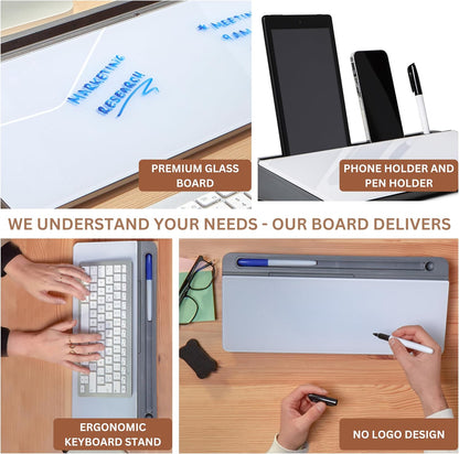 GAROOD Desktop Whiteboard with Storage Desk White Board Desk Board Glass White Board with Stand Home Office Organizer Phone Holder 15.8X7X2 inches