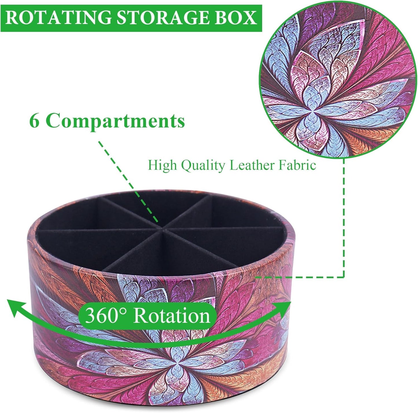 Round Leather Art Supply Organizer,Remote Control Holder,360 Degree Rotating,Multi-Functional Pencil Holder,4 Compartments Desktop Stationary Organizer(1-Fractal Flower) | Round - Colors A