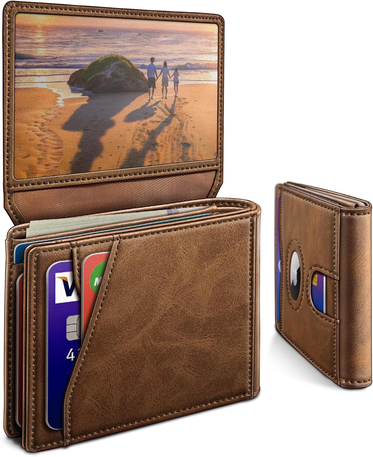 miyozi AirTag Wallet for Men, Slim Leather Bifold with Holder Slot, 2 ID Windows & 13 Card Slots, RFID Blocking Front Pocket Wallet with Gift Box