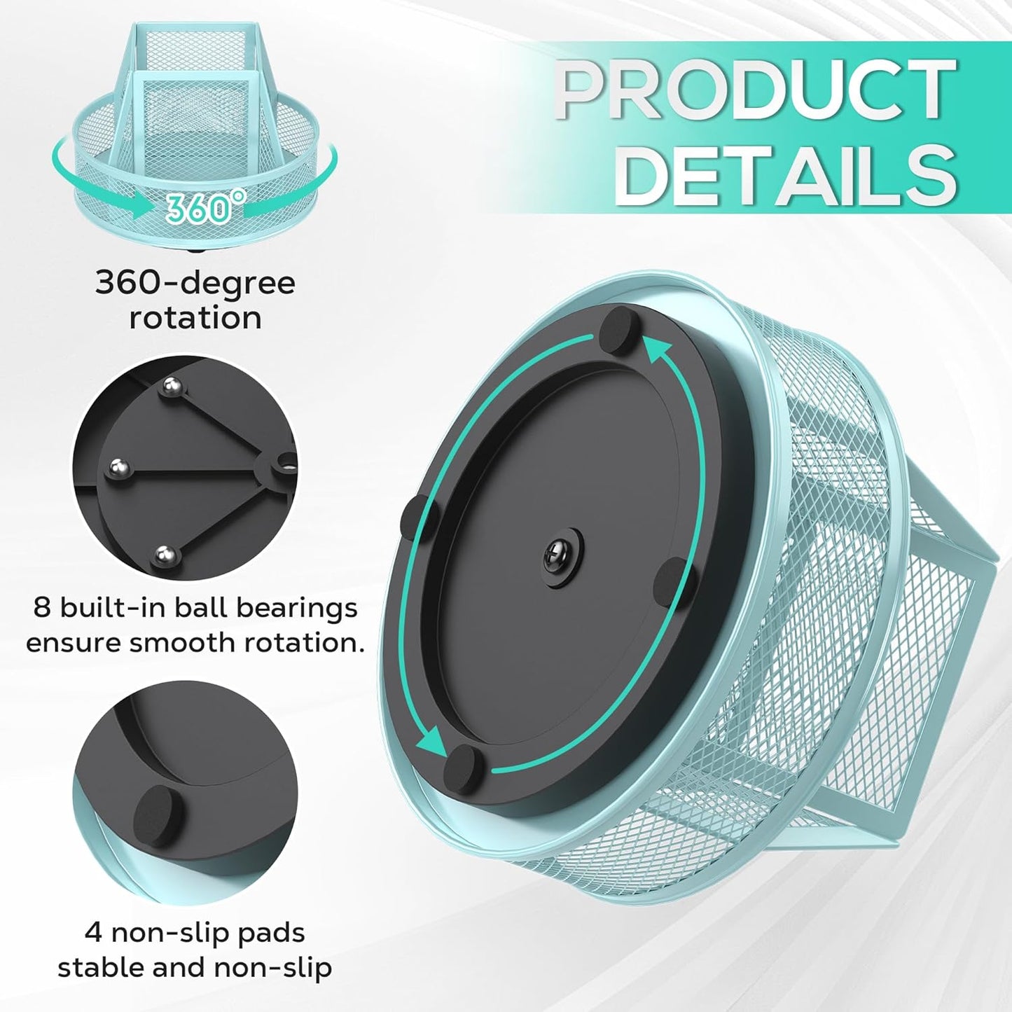YINGHUA Metal Mesh Desk Organizer with 5 Compartments and Rotating Pencil Holder Pen and Stationery Organizer for Office Home School Anti Slip Base Black