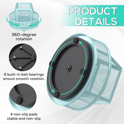 YINGHUA Metal Mesh Desk Organizer with 5 Compartments and Rotating Pencil Holder Pen and Stationery Organizer for Office Home School Anti Slip Base Black
