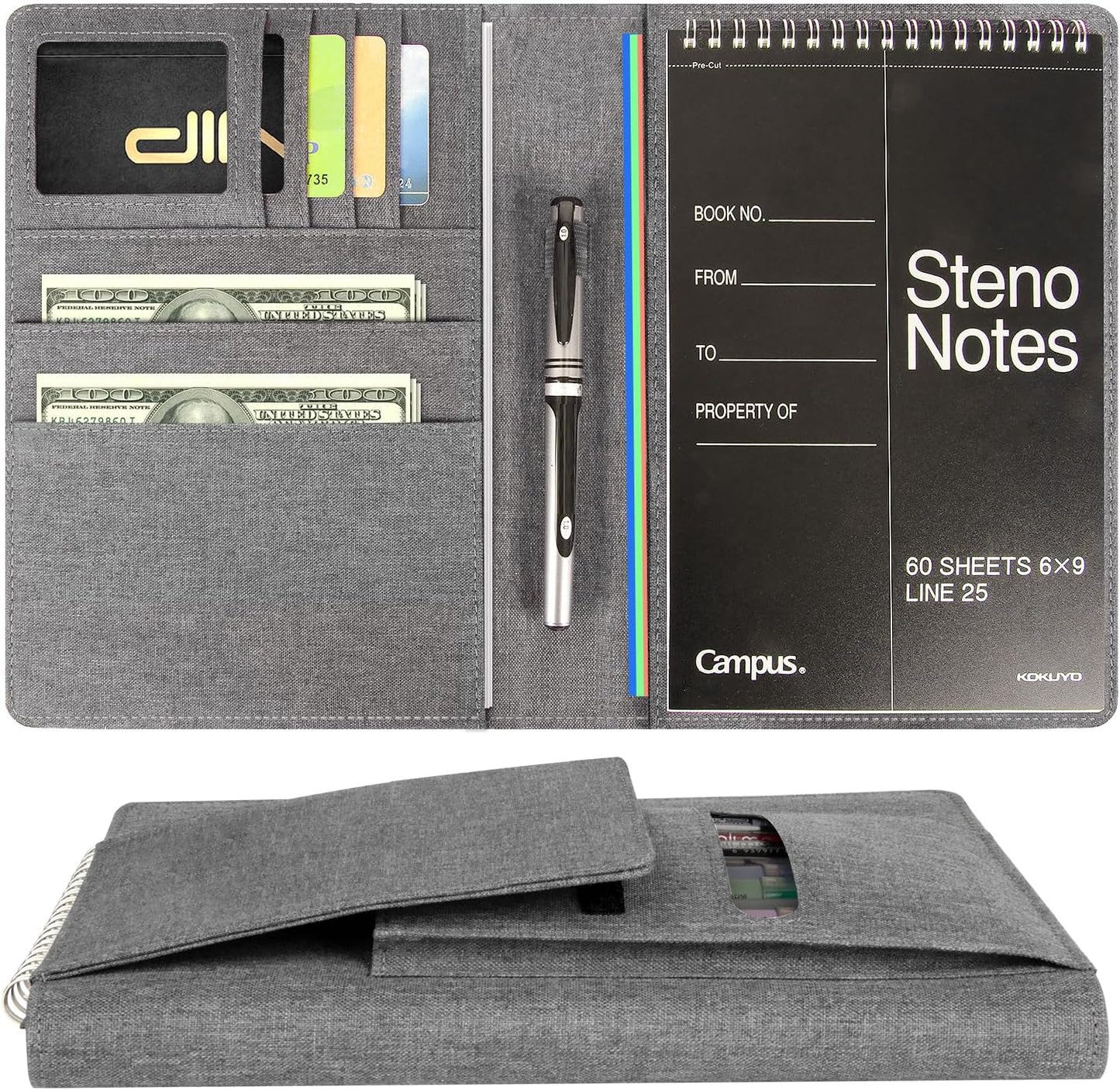 Journal Cover for Rocketbook Flip | 6"x9" Steno Pad Holder & Top Spiral Notebook Cover | Waterproof Folio with Pen Loop & File Pocket for A5, Executive Size Notebooks (Black)