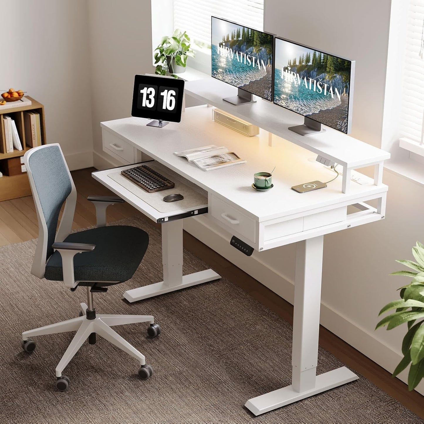 AODK Electric Standing Desk with Drawers & Keyboard Tray, 55 Inch Height Adjustable Gaming Desk with Power Outlets & LED Lights, Sit Stand Table with Monitor Stand for Home, Office, Rustic Brown