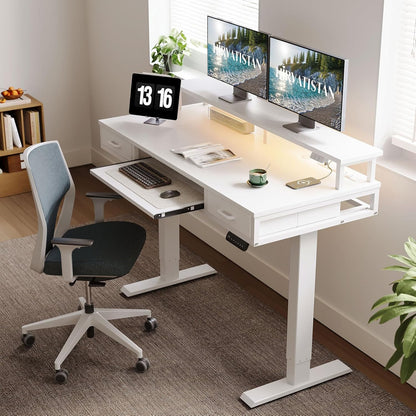 AODK Electric Standing Desk with Drawers & Keyboard Tray, 55 Inch Height Adjustable Gaming Desk with Power Outlets & LED Lights, Sit Stand Table with Monitor Stand for Home, Office, Rustic Brown