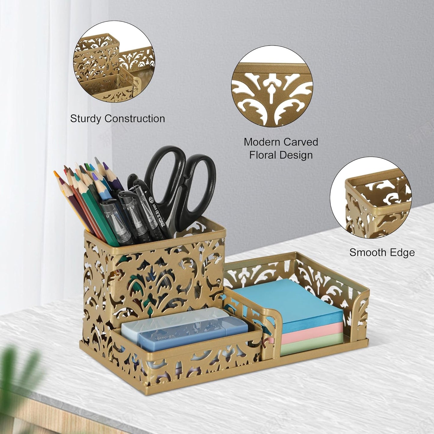 EasyPAG Desk Organizer with 3 Compartment for Pencil Sticky Note Holder and Office Accessories,White