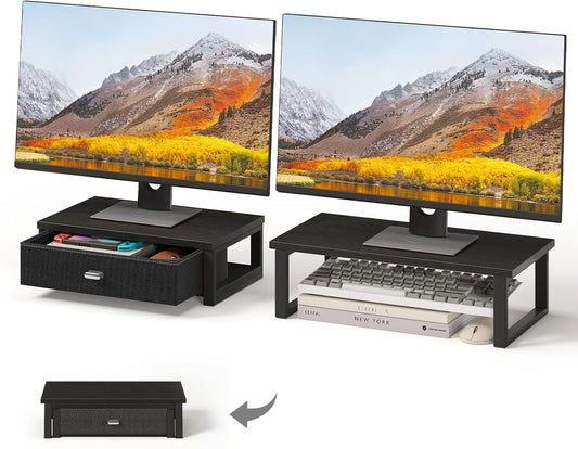 WOHOMO Dual Monitor Stand Riser with Drawers, Desk Organizers for 2 Monitors, Desktop Storage Stand for Computer,Laptop,Walnut