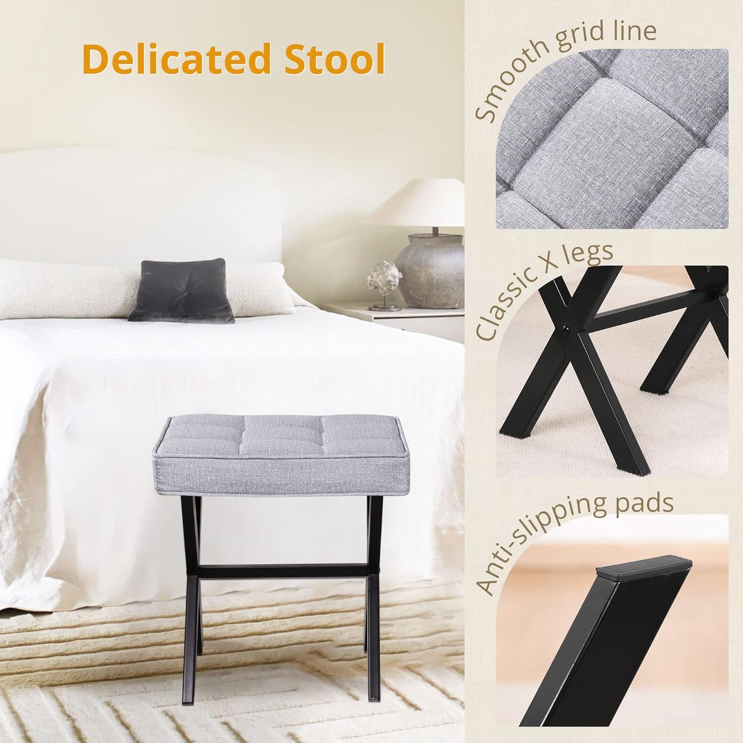 LUE BONA Square Linen Makeup Stool, Metal X Legs, Small Ottoman Stool Chair for Vanity, Modern Padded Seat Foot Rest for Makeup Room, Bathroom