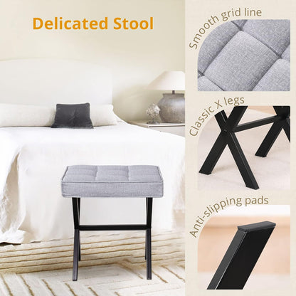 LUE BONA Square Linen Makeup Stool, Metal X Legs, Small Ottoman Stool Chair for Vanity, Modern Padded Seat Foot Rest for Makeup Room, Bathroom