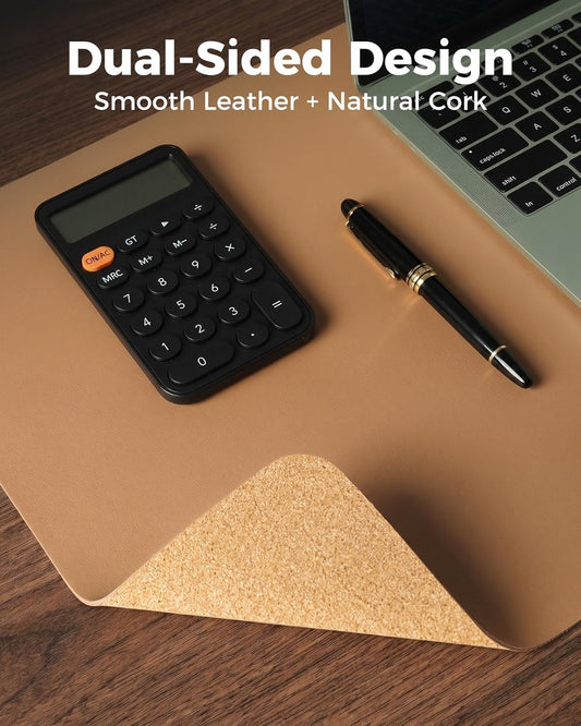 Aothia Dual-Sided Desk Pad - 25.6x13.7 inches Leather Desk Mat, Natural Cork Desk Pad Protector, Large Mouse Pad for Desk, Waterproof Desk Blotter Pad, Desk Writing Pad for Office Work/Home, Black