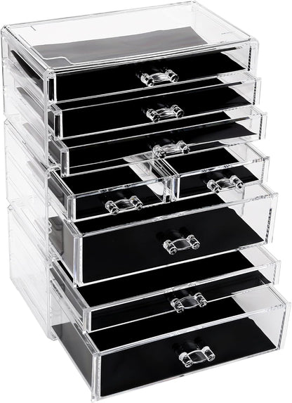 Sea Team Clear Makeup Organizer with Drawers, Acrylic Plastic Cosmetic Display Case, Jewelry Storage Box, Holder for Dresser, Bathroom, Vanity, Countertop (3 Middle Drawers)