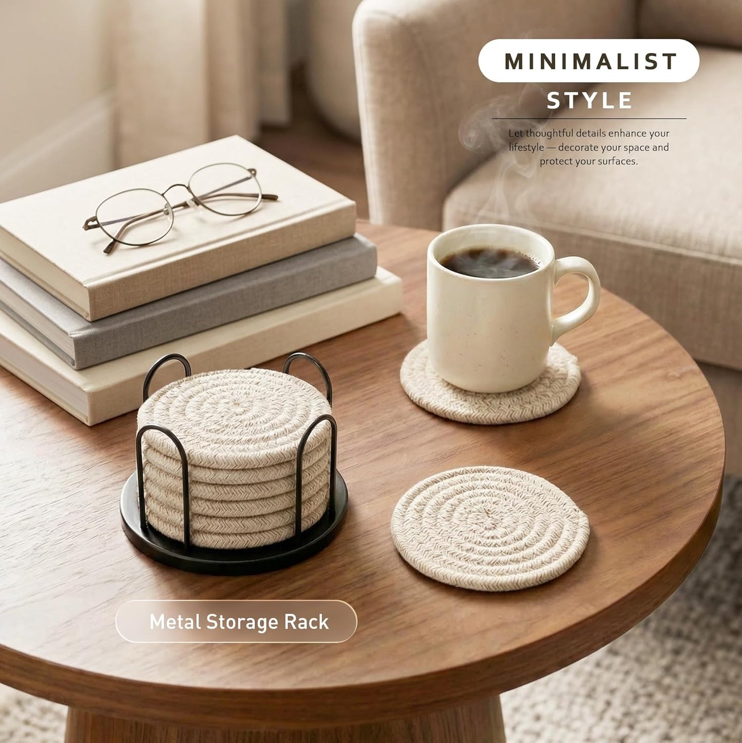 Lazebox Coasters Set of 8 for Drinks, 4 Inch Large Coasters for Coffee Table, Tabletop Protection for Hot & Cold Drinks, Versatile Coasters for Home Decor, Non-Slip & Easy to Clean, Coffee