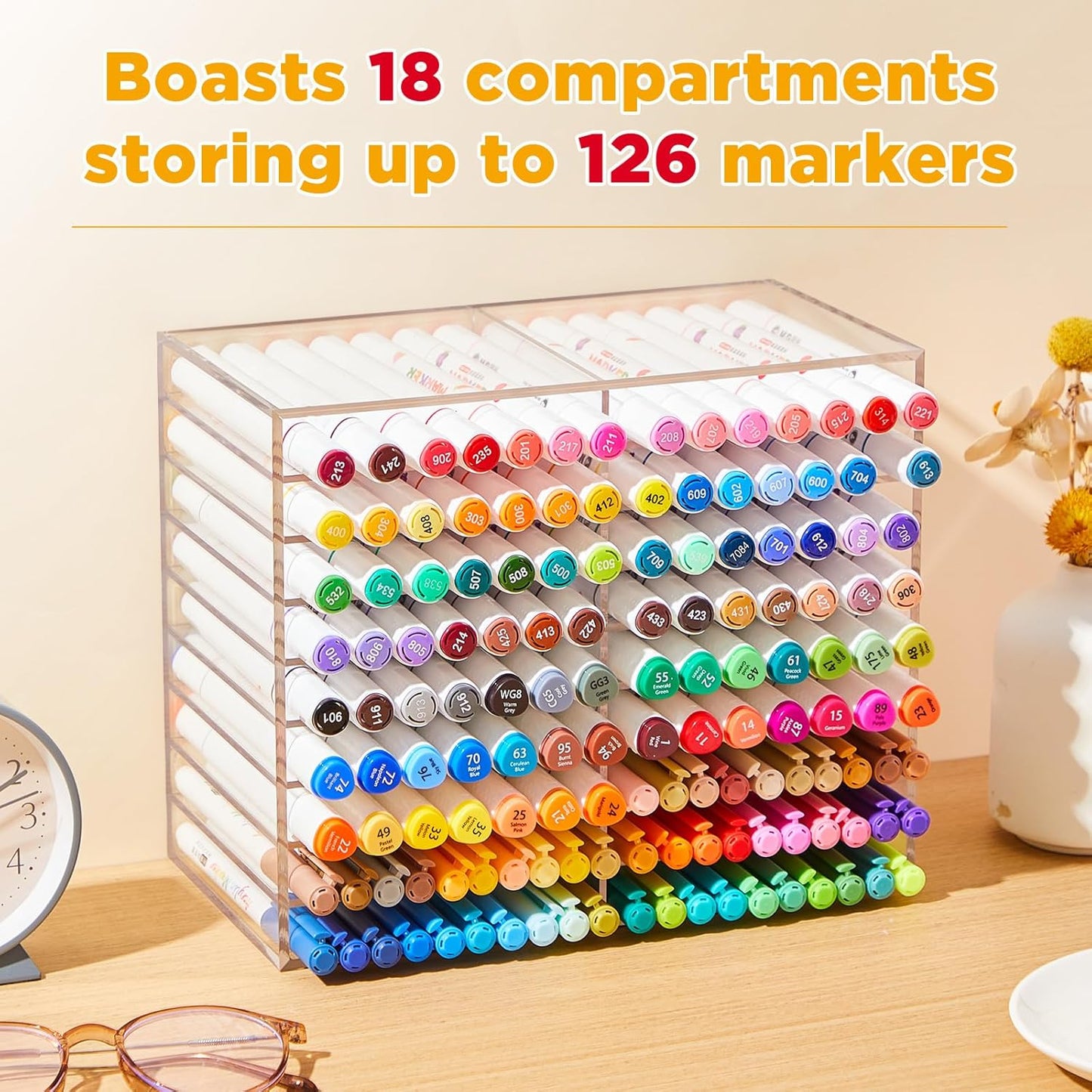 MotiMind Acrylic Marker Organizer for 189 Marker, Large Art Pencil Holder Storage Rack for Desk, Pens Art Brushes Display Stand with 27 Compartments for Desktop, Office (clear, 189 Capacity)