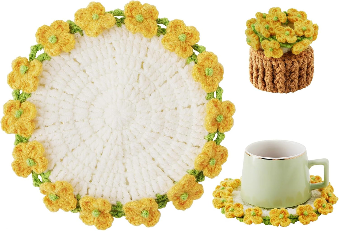 Flower Crochet Coasters, Handmade Bouquet Blanket Coaster with Crochet Plant Pot Fun Soft Decorative Drink Coasters for Coffee Tabletop Protection and Home Decor (Pink, 1Pc)
