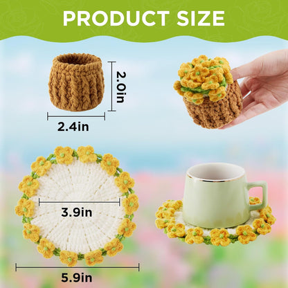 Flower Crochet Coasters, Handmade Bouquet Blanket Coaster with Crochet Plant Pot Fun Soft Decorative Drink Coasters for Coffee Tabletop Protection and Home Decor (Pink, 1Pc)