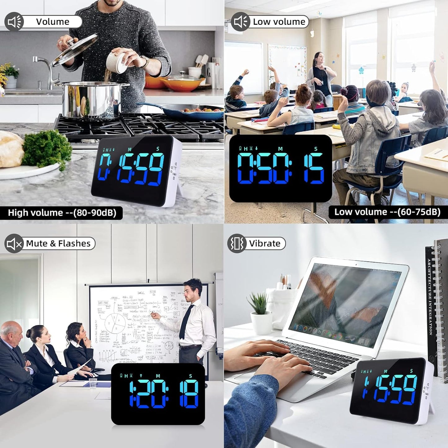 PERSUPER Kitchen Digital Timer, Count Down Up, Rechargeable, Vibration Mode Adjustable Volume and Brightness LED Display, Time Management Cook, Desk, Kids Adults Study Teaching, Kitchen Gadgets RGB