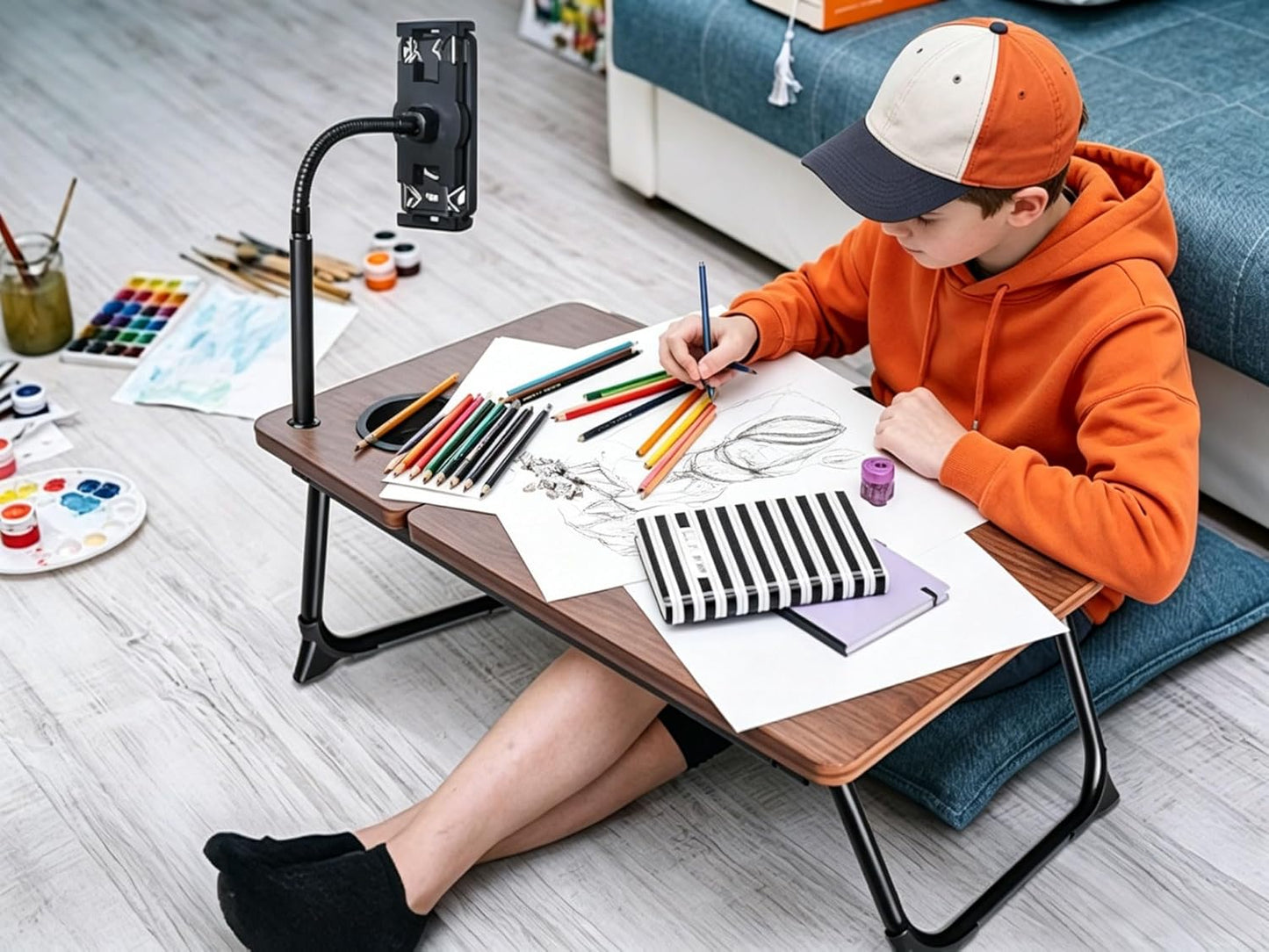 Foldable Lap Desk for Bed and Sofa, Portable Laptop Desk with Gooseneck Phone Stand, Cup Holder & Mouse Pad Extension, Extra Large Bed Desk Tray fits up to 17" Laptops (Walnut)