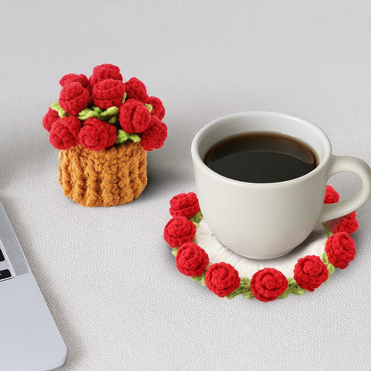 Flower Crochet Coasters, Handmade Bouquet Blanket Coaster with Crochet Plant Pot Fun Soft Decorative Drink Coasters for Coffee Tabletop Protection and Home Decor (Pink, 1Pc)