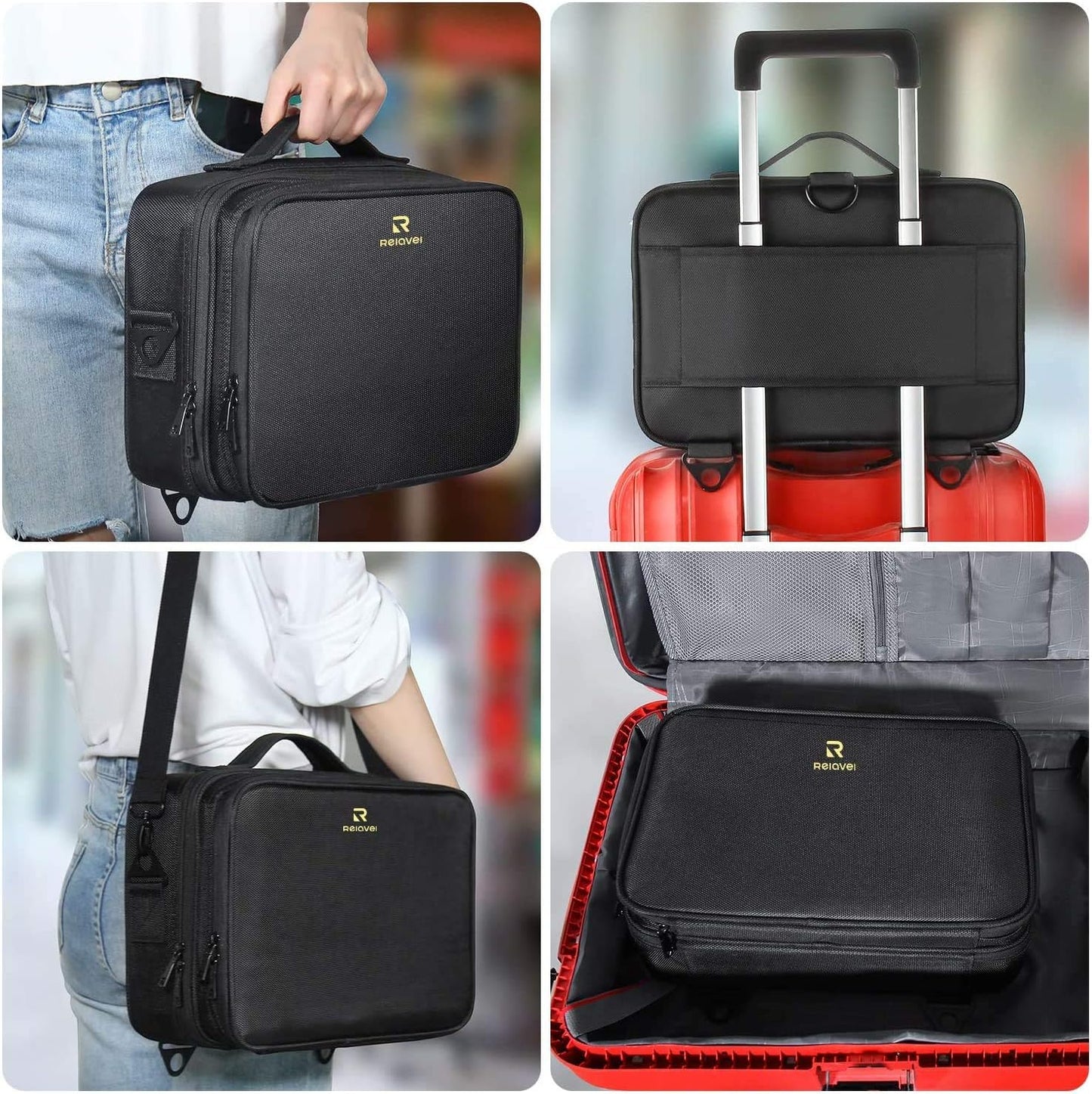 Relavel Makeup Case Large Makeup Bag Professional Train Case 16.5 inches Travel Cosmetic Organizer Brush Holder Waterproof Makeup Artist Storage Box, 3 Layer Large Capacity, with Adjustable Strap