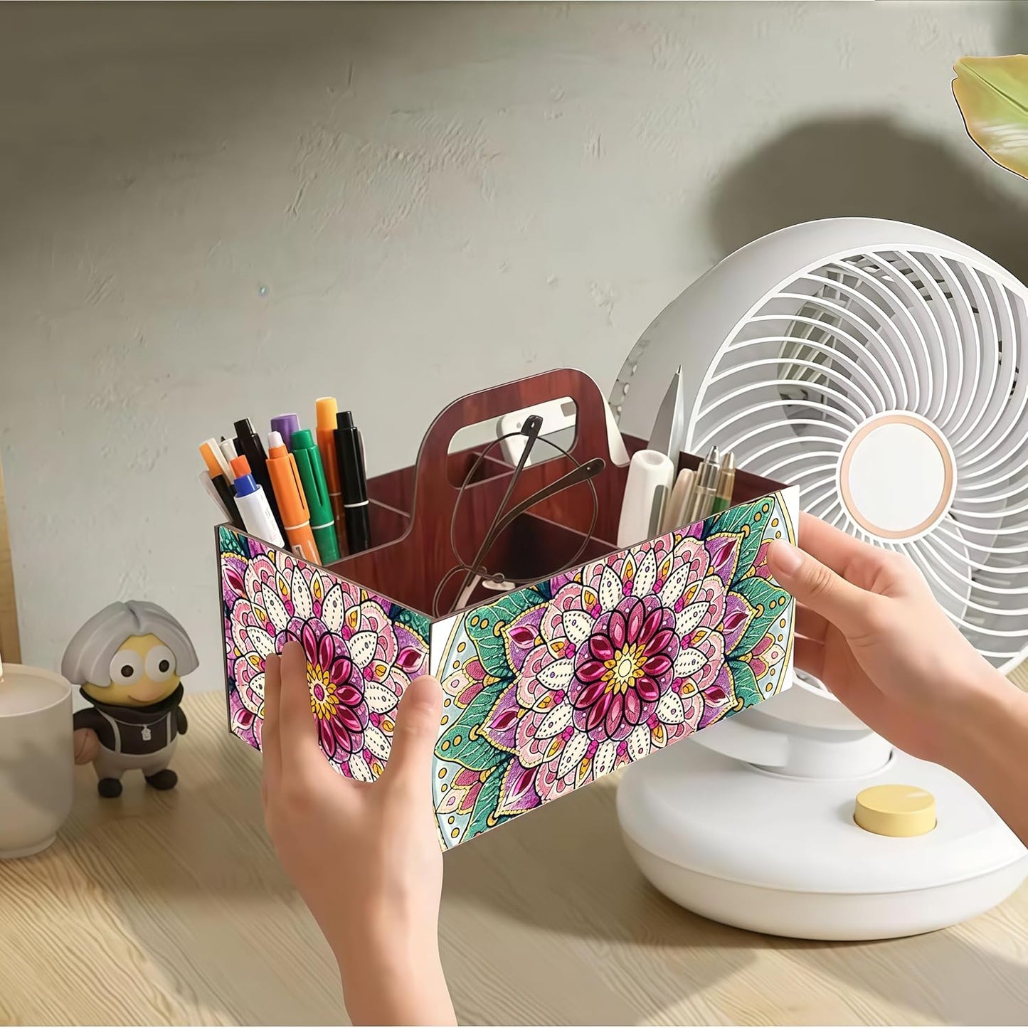 LSQFS DIY Diamond Painting Storage Box, Wooden Multi-Grid Organizer with Handle, Portable Desktop Caddy for Art Kits, Craft Tools, Makeup Brushes, Stationery Home Office
