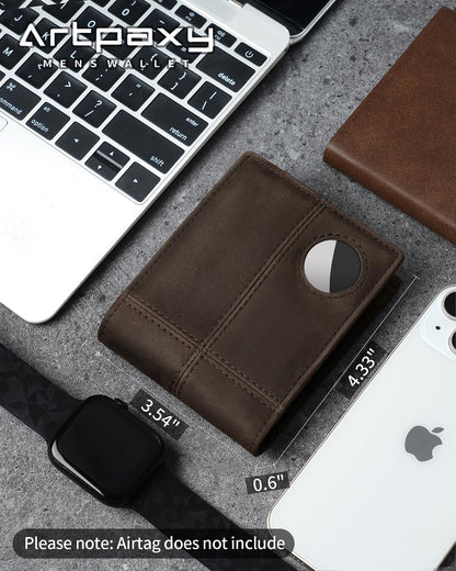 Mens Wallet With AirTag Holder, Bifold Leather RFID Blocking 1-2 ID Windows 12-13 Card Holders, Gift Box and Screen Protector Included, AirTag Not Included