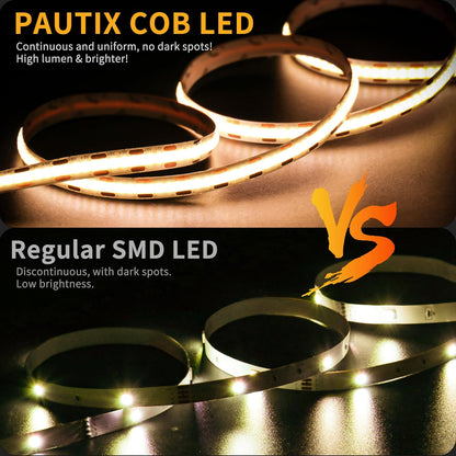 PAUTIX COB LED Strip Lights 5V USB Powered Dotless Super Bright Dimmable LED Lights 3000K Warm White 6.56ft TV Backlights,Flexible 3M Adhesive Under Cabinet Light for Bedroom,Kitchen,Shelf Lighting