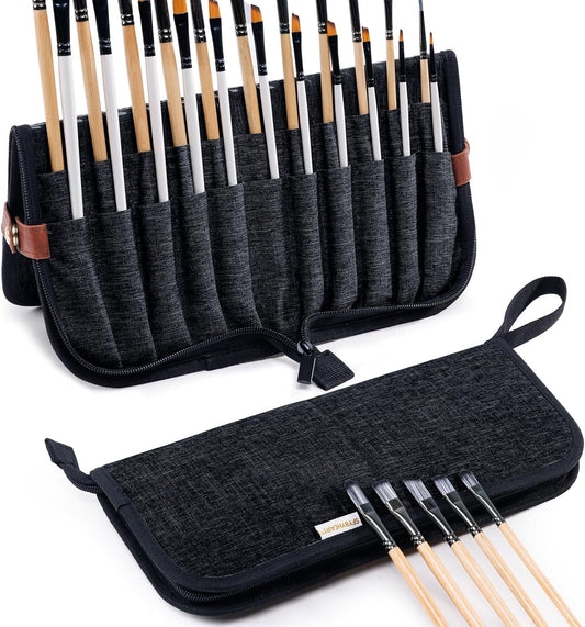 Paint Brush Holder Case for Artists with 22 Slots, Brush Organizer with Pop-Up Stand, Travel Paintbrush Storage Bag for Acrylic Oil Watercolor, Zippered Art Brush Cover (Brushes Not Included)