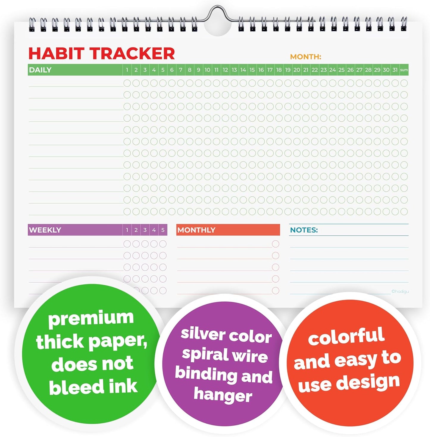 Hadigu Habit Tracker Calendar (Undated 12 Month) with Spiral Bound and Hanger, A4 size (8.3"x11.7"), Habit Planner, Daily Weekly and Monthly Tracker, Colorful Layout