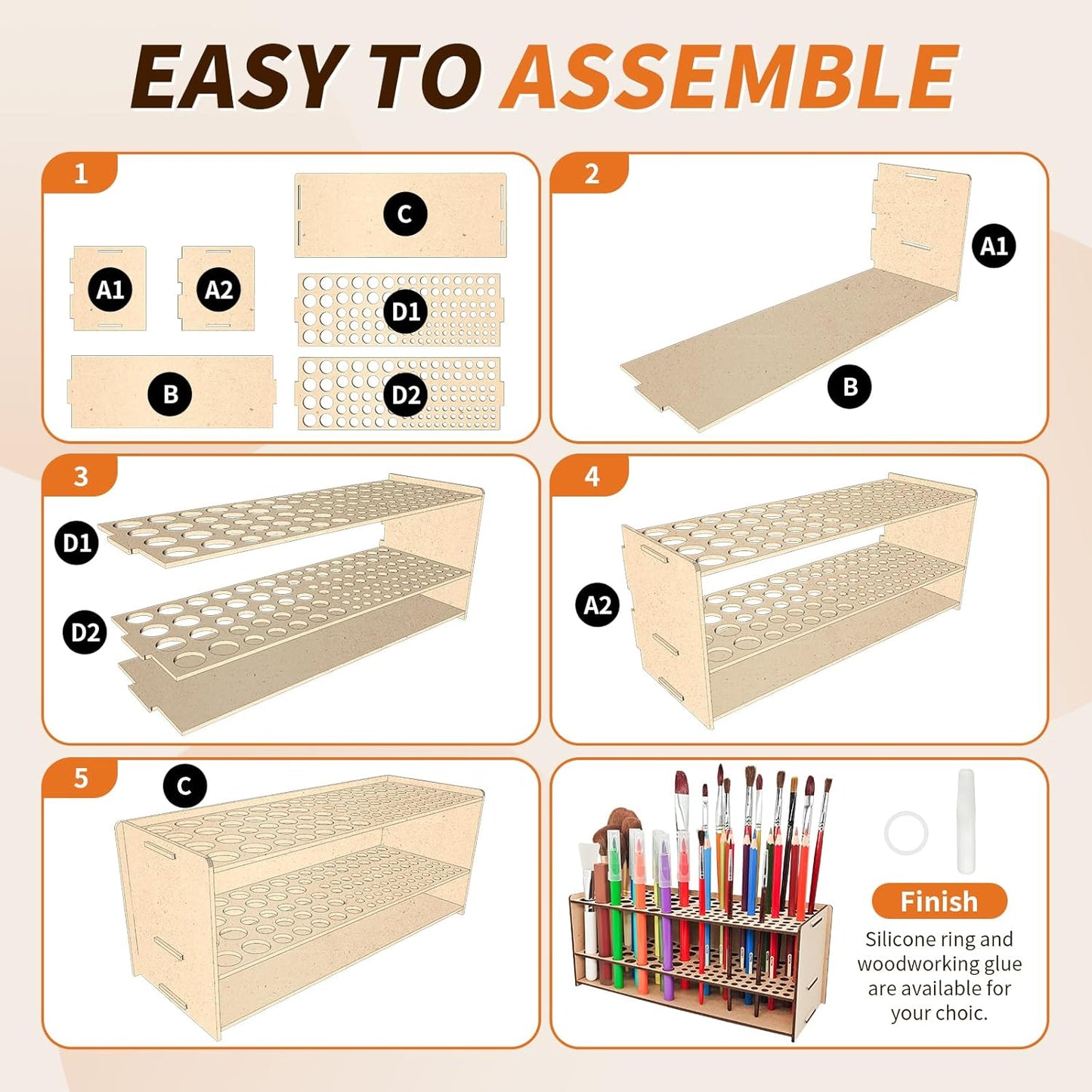 Wooden Paint Brush Holder with Wood Glue 69 Holes MDF Paintbrush Holder Organizer Artist Brush Holder Paint Brush Stand Rack for Artist Brushes Pens Pencils