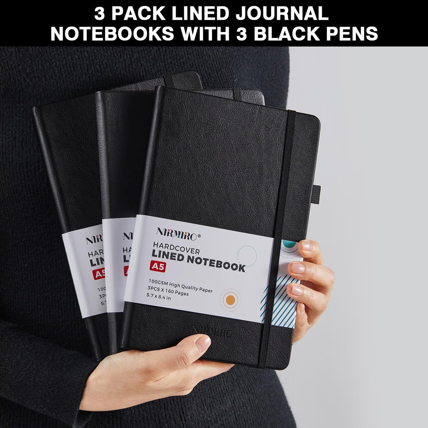 NIRMIRO 3 Pack Pocket Notebook Journals, Small Notepad Notebooks for Note Taking, A6 Mini Note pads with Pen Holder, 408 Lined Pages, 3.7" x 5.7", Black, Brown, Blue
